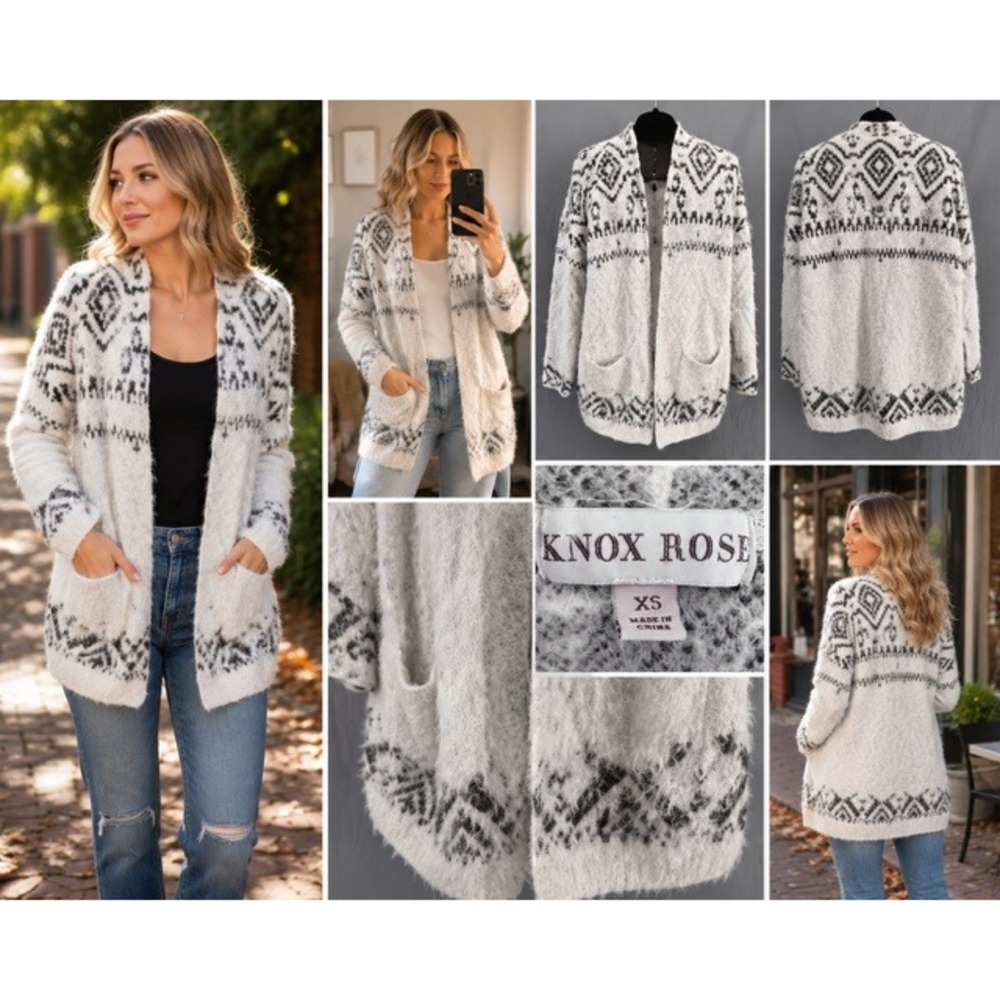 Knox Rose Women XS Cream Black Geometric Eyelash Knit Open Front Cardigan